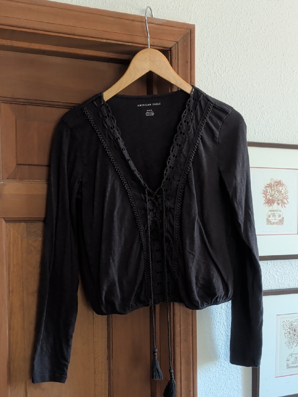 American Eagle Navy Blue Crochet Trim Long Sleeve Top